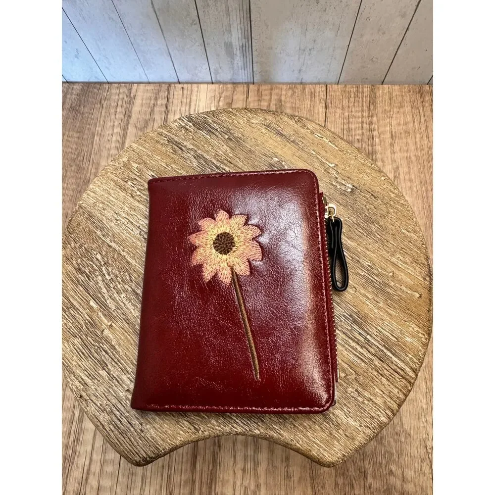 Dark Red Vegan Leather Wallet Embroidered Flower Purse Bag Wallet Fast Ship